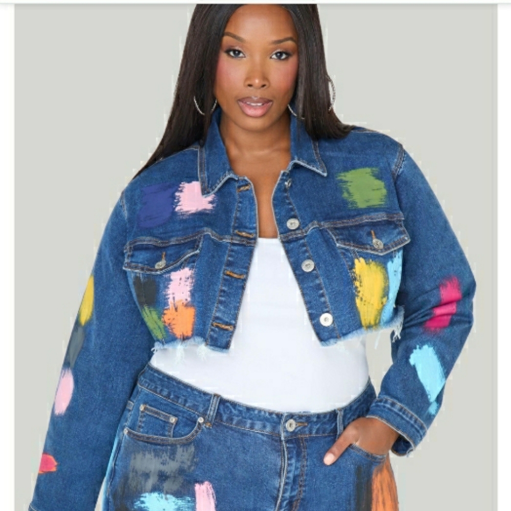 Colorful Painted Crop Denim Jacket Size 14/16. So Cute!